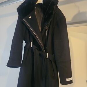 Calvin Klein Black Trench Coat with Faux Fur Collar